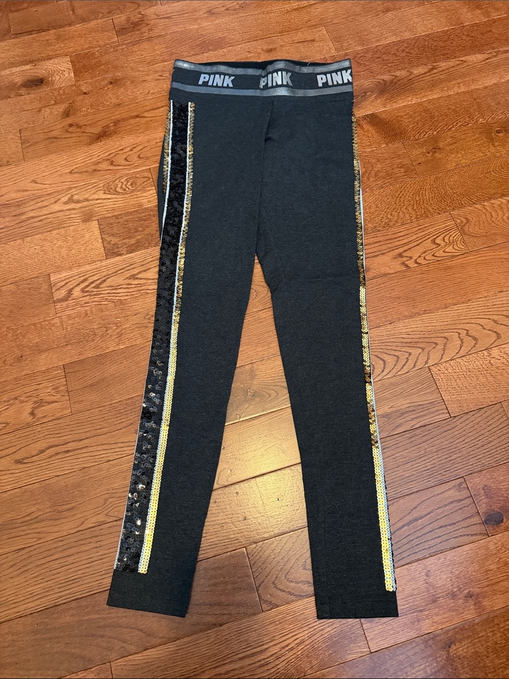 PINK Victoria's Secret Black Leggings with Gold Sequin Side Stripes